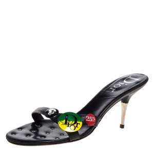 Dior Black Leather Badge Embellished Studded Insole Slide Sandals Size 42