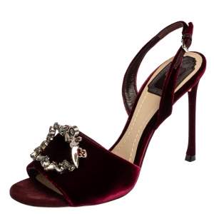 Dior Bordeaux Velvet Tresor Crystal Embellished Open Toe Slingback Sandals Size 38.5