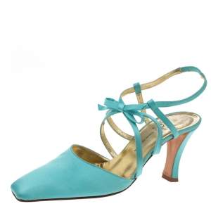 Pre Owned Dior Light Blue Satin Bow Ankle Strap Square Toe Sandals Size 38
