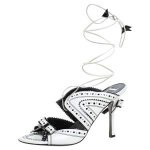 Dior White/Black Leather Brogue Studded Bow Embellished Ankle Wrap Sandals Size 38