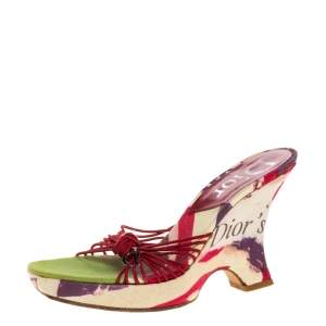 Pre Owned Dior Multicolor Floral Print Fabric Wedge Platform Slide Sandals Size 38