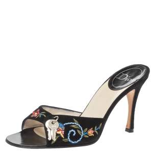 Pre Owned Dior Black Suede Embroidered Lock And Key Open Toe Sandals Size 39
