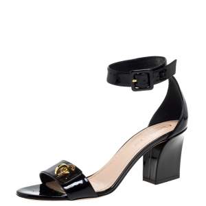 Dior Black Patent Leather C'est Ankle Strap Block Heel Sandal Size 39
