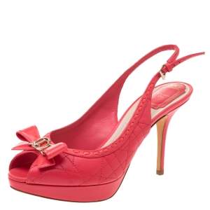 Dior Coral Red Cannage Leather Bow Slingback Peep Toe Platform Sandals Size 37.5