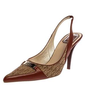 Dior Brown Leather and Canvas Vintage Diorissimo Pointed Toe Slingback Sandals Size 39.5