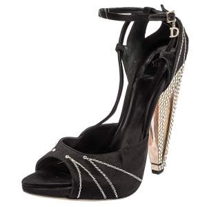 Dior Black Satin Crystal Embellished Ankle Wrap Platform Sandals Size 40