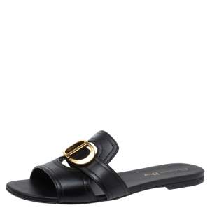 Dior Black Leather 30 MONTAIGNE Flat Slide Sandals Size 38