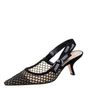 Pre Owned Dior Black Mesh Embroidered And Suede Trim Ribbon J'Adior Slingback Sandals Size 40.5