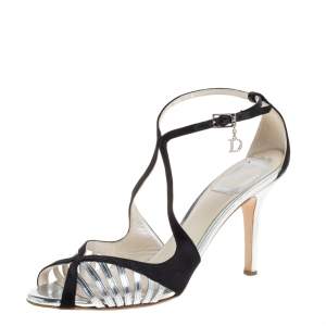 Pre Owned Dior Black/Silver Satin and Leather Strappy Ankle Strap Sandals Size 37.5