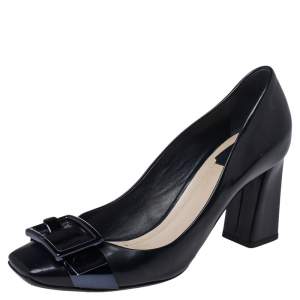 Pre Owned Dior Dark Blue Leather Buckle Detail Block Heel Pumps Size 39