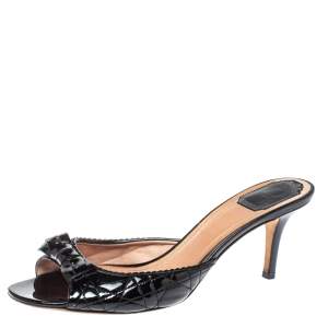 Dior Black Cannage Patent Leather Bow Slide Sandals Size 41