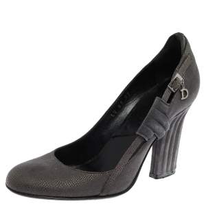 Pre Owned Dior Grey Suede Side Buckle Detail Block Heel Pumps Size 36