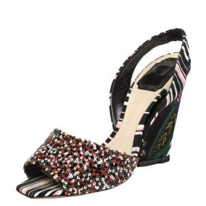Dior Multicolor Sequins and Fabric Open Toe Wedge Slingback Sandals 38.5