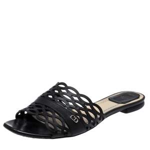 مملوكة مسبقًا Dior Black Laser Cut Leather Tattoo Peep Toe Slides Size 38