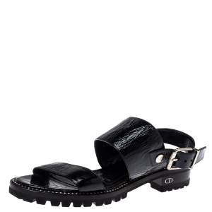 Dior Black Leather Crystal Embellished Buckle Strap Sandals Size 37.5