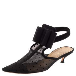 Pre Owned حذاء مول ديور فتحة كعب مقدمة مدببة فيونكة نقطة بولكا حافة سويدى وشبك أسود مقاس 39.5