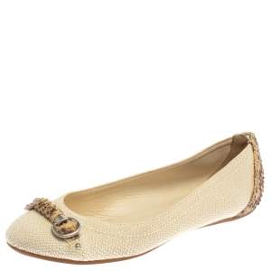 Pre Owned Dior Beige Raffia And Python Trim Horsebit Ballet Flats Size 37
