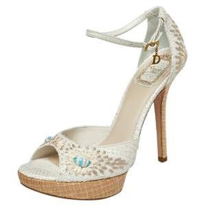 Dior White Embroidered Python And Raffia Ankle Strap Sandals Size 38.5