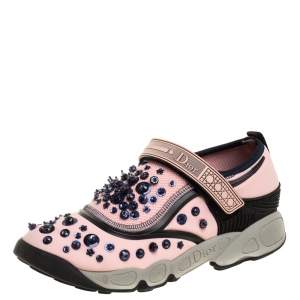 Pre Owned Dior Pink Stretch Fabric Fusion Embellished Low Top Sneakers Size 37.5
