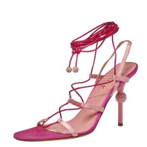 Pre Owned Dior Pink/Red Satin Ankle Wrap Sandals Size 40.5