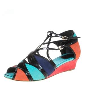Dior Multicolor Suede And Patent Leather Kitten Wedge Sandals Size 40