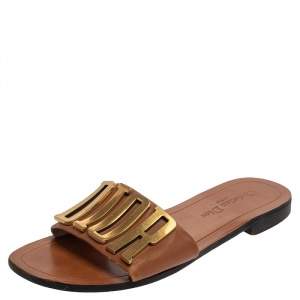 Dior Brown Leather Logo Flat Sandals Size 39