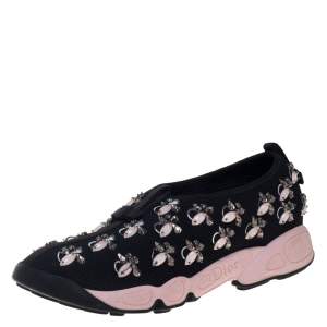 Pre Owned Dior Black Mesh Fusion Embellished Slip On Sneakers Size 37.5