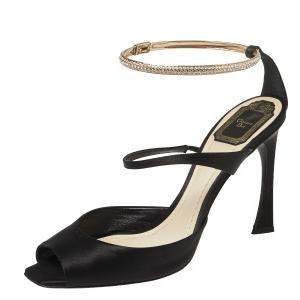 Pre Owned Dior Black Satin And Crystal Ankle Strap Cuff Sandals Size 40