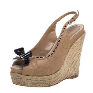 Pre Owned Dior Beige/Black Leather Espadrille Platform Wedge Sandals Size 35