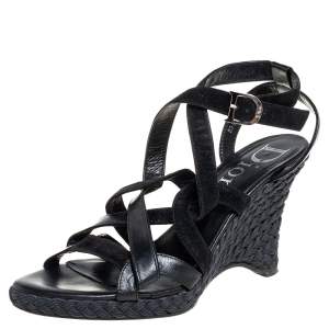 Dior Black Suede And Leather Wedge Ankle Strap Sandals Size 39