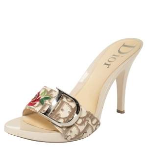 Dior Beige Canvas Logo Detail Slide Sandals Size 39.5