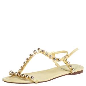 Dior Yellow Leather And Satin Pearl Embellishment T Strap Flats Size 37