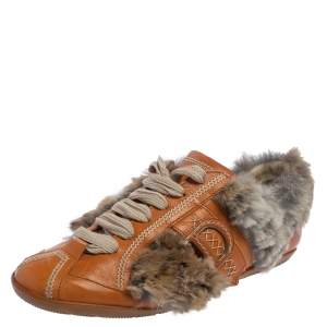 Pre Owned Dior Tan Fur And Leather Low Top Sneakers Size 38.5
