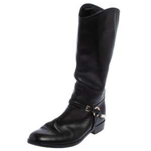 Dior Black Leather Buckle Detail Mid Calf Boots Size 37.5