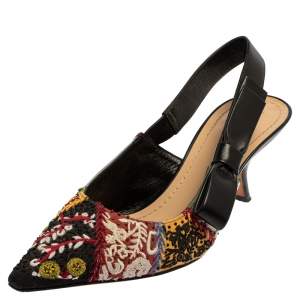 Dior Multicolor Embroidered Fabric Peace And Love Pointed Toe Slingback Sandals Size 38.5