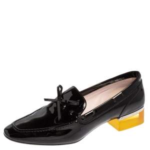 Pre Owned Dior Grey Patent Leather Bow Embellished Lucite Block Heel Loafer Pumps Size 39.5
