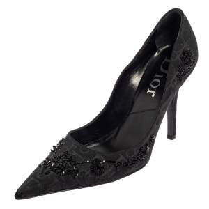Dior Black Diorissimo Canvas Embellished Pointed Toe Pumps Size 39.5