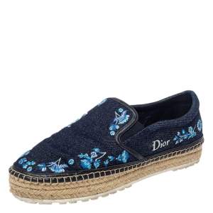 Pre Owned Dior Blue Floral Embroidered Denim Prairie Espadrille Flats Size 38.5