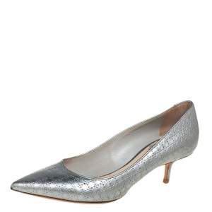 Pre Owned Dior Silver Cannage Leather Kitten Heel Pumps Size 37.5