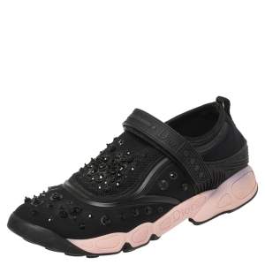 Pre Owned Dior Black Fabric And Mesh Fusion Embellished Low Top Sneakers Size 39