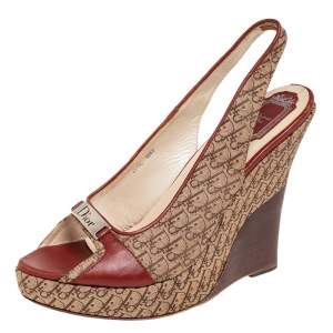 Dior Beige/Brown Oblique Canvas And Leather Wedge Sandals Size 41