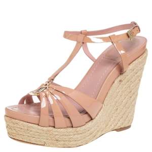 مملوكة مسبقًا Dior Beige Patent Leather T-Strap Espadrille Wedge Sandals Size 37.5