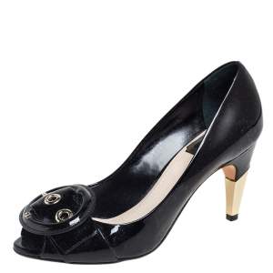 Dior Black Patent Leather Buckle Peep Toe Pumps Size 36