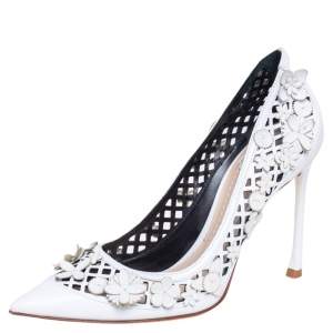 Dior White Leather Laser Cut Floral Embellished Pointed Toe Pumps Size 37.5