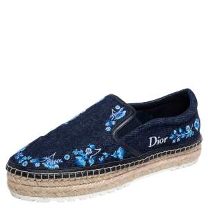 Pre Owned Dior Blue Floral Embroidered Denim Prairie Espadrille Slip On Sneakers Size 38
