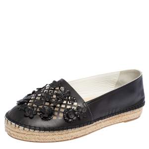 Pre Owned حذاء إسبادر يلز ديور فلور جلد مزخرف زهور قصة ليزر أسود مقاس 38.5