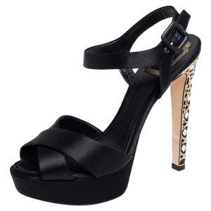 Pre Owned صندل ديور ساتان أسود بكعب كاناج مزخرف بالكريستال ونعل سميك مقاس 38 