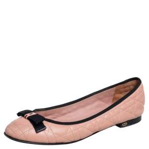 مملوكة مسبقًا Dior Light Pink/Black Cannage Leather Bow Ballet Flats Size 40