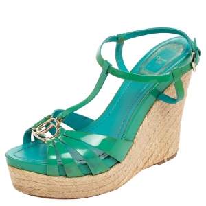Pre Owned Dior Blue Patent Leather Strappy Wedge Sandals Size 38