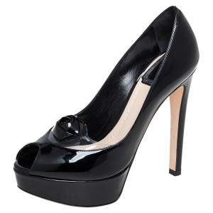 Pre Owned Dior Black Patent Leather Floral Applique Peep Toe Platform Pumps Size 35.5